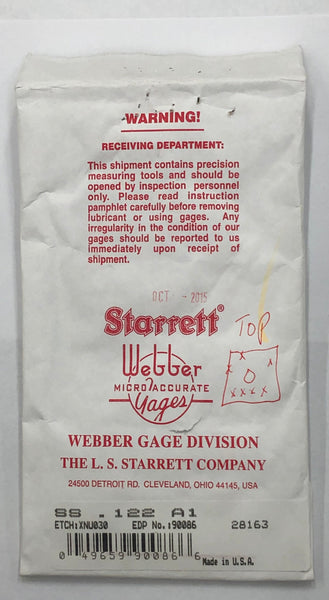 Bloc Étalon Starrett/Webber SS .250 A1 - Acier Carré, Grade A1, Précision - Neuf