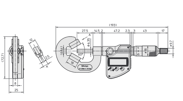 Mitutoyo 314-353-30 3-Flute Digimatic V-Anvil Micrometer, 1-1.6