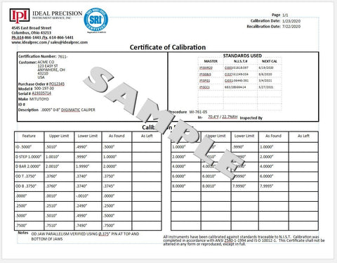 Optional Long Form Certification for Bore Gages and Internal Micrometers up to 6"