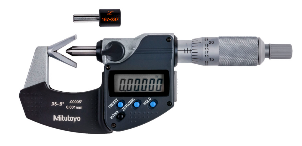 Mitutoyo 314-361-30 3-Flute Digimatic V-Anvil Micrometer with Setting Standard, .05-.6″/1.27-15.24mm Range, .00005"/0.001mm Resolution *SHOWROOM ITEM 23*