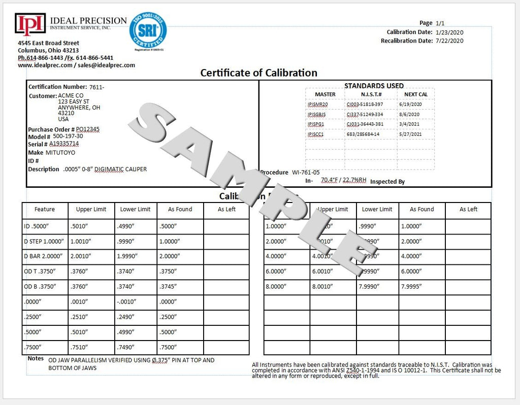 Optional Long Form Certification for Calipers over 25" up to 40"