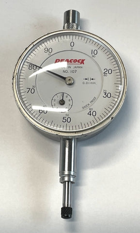 Peacock 107 Dial Indicator with Flat Back, 0-10mm Range, 0.01mm Graduation *USED/RECONDITIONED*