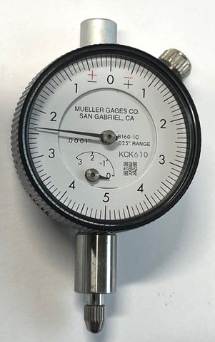 Mueller B160-1C Dial Indicator, 0-.025" Range, .0001" Graduation, Flat Back *USED/RECONDITIONED*